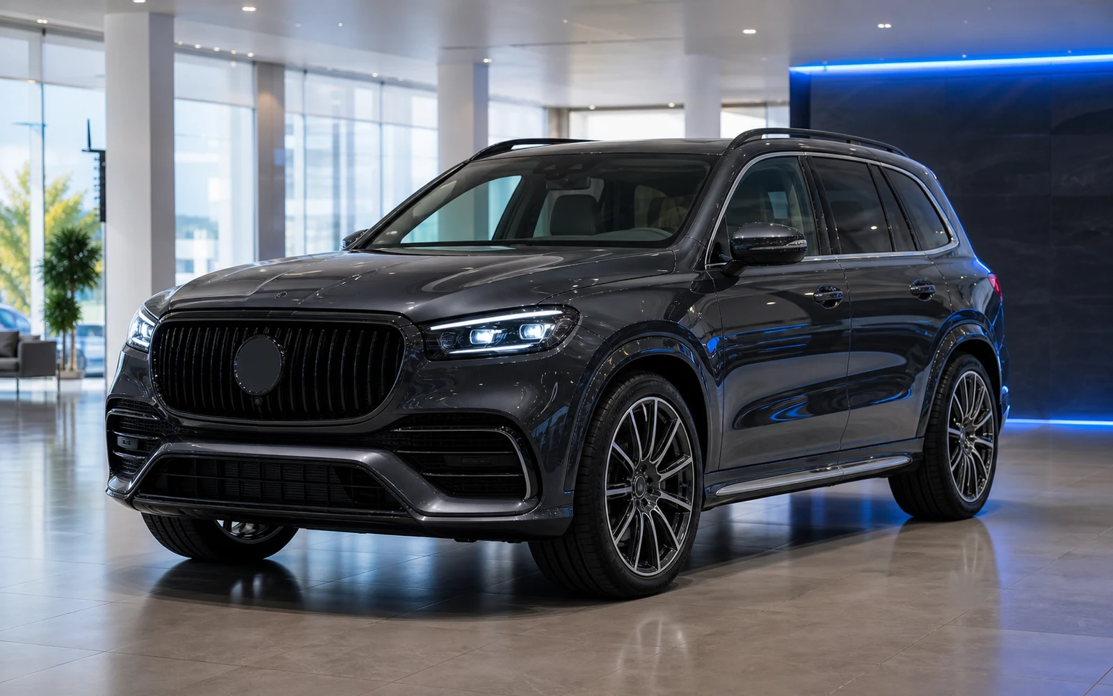 KI-Visualisierung eines hochwertigen SUV in einem modernen Showroom